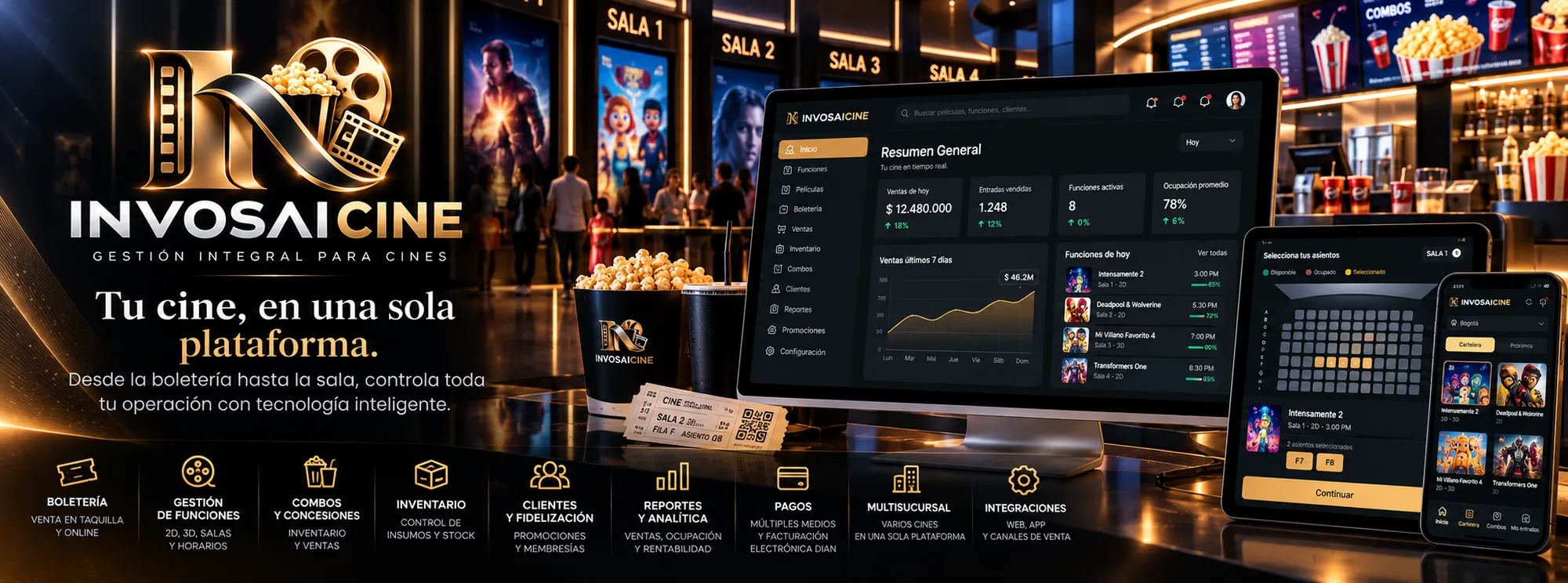 Invosai Cine en un computador, una tableta y un celular: resumen de ventas, selección de sillas y cartelera.